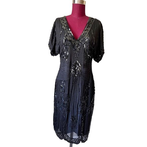 Lillie Rubin Vintage Art Deco Black Silk Beaded Sequined Cocktail Dress Short Sl - Picture 1 of 15